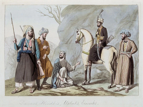 Damans, Hindkis, Uzbeks and Eimaks of Afghanistan - in 'The old and modern costume'by Ferrario, ed Milan, 1819-20