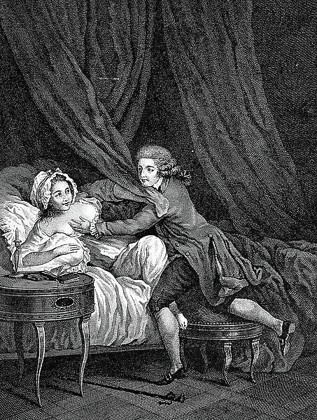Dangerous intimacy, French copper engraving by Nerbe, 18th Century