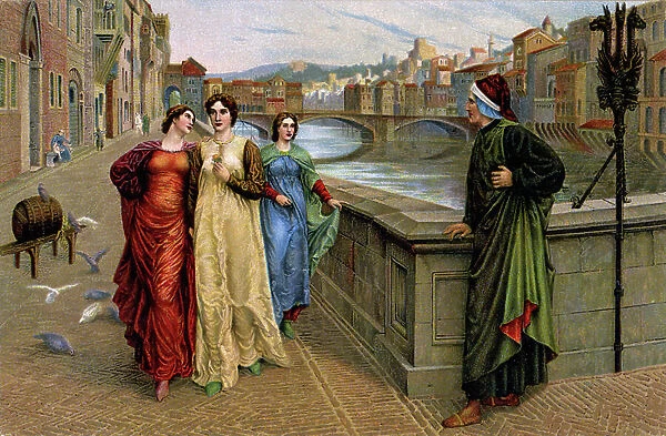 Dante Alighieri meeting his muse Beatrice Portinari in Firenze, c.1890 (print)