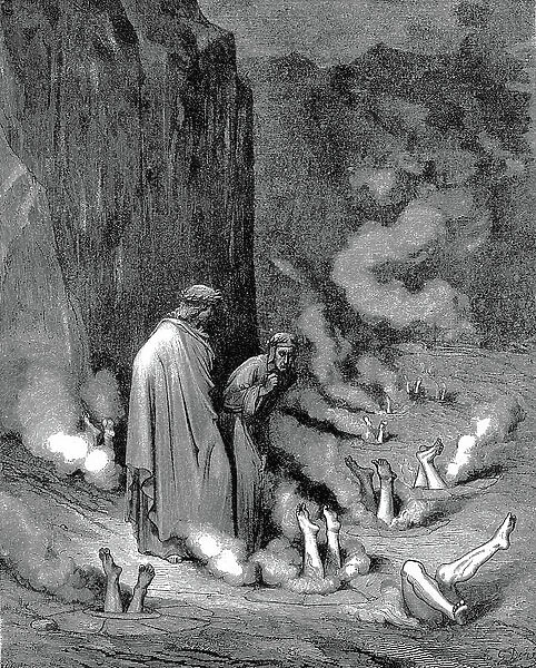 Dante, guided by Virgil, in third gulf of the eighth circle, observes those guilty of simony suffering burning, buried head first with just legs and feet exposed. Gustave Dore illustrated Dante Inferno 1863. Canto XIX
