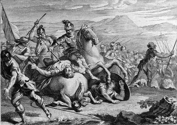 Death of Alaric II, 507: Clovis I (465-511), king of the Franks, killing Alaric II (484-507), king of the Visigoths, at the Battle of Vouille in 507. Engraving of the 18th century