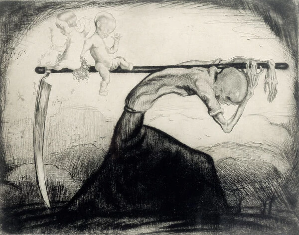 Death with Two Children Carried on his Scythe, 1915 (etching on paper)