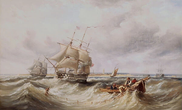A Two Decker Leaving Port with Other Warships Anchored in the Roadstead (oil)