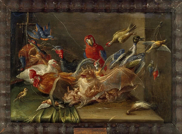 Decorative Still-Life Composition with Birds and Two Bats (oil on copper)