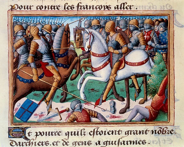 Defeat of the Duke of Clarence at the Grand-Baugy in Anjou (1421). Miniature in 'Vigiles du roi Charles VII'(Folio 24v) by Martial d Auvergne (1440-1508), 1484. Paris, NL