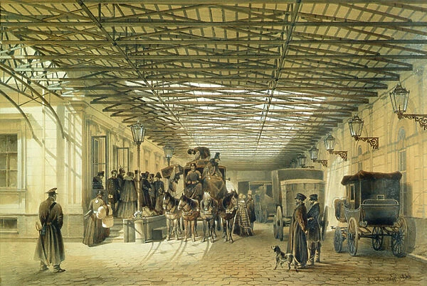 Departure of a Stagecoach from St. Petersburg Station, 1848 (w  /  c & ink on paper)