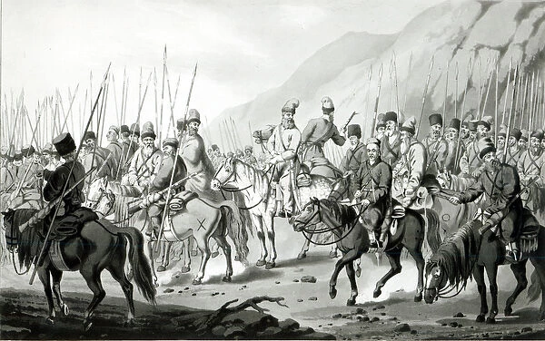 Different Tribes of Russian Cossacks in Marching Order, 1813 (engraving) (b  /  w photo)