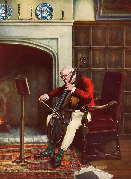 A Difficult Passage - man practising the cello in front of the fire (colour litho)