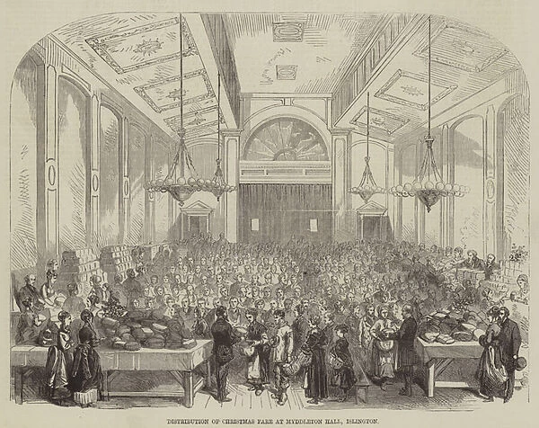 Distribution of Christmas Fare at Myddleton Hall, Islington (engraving)