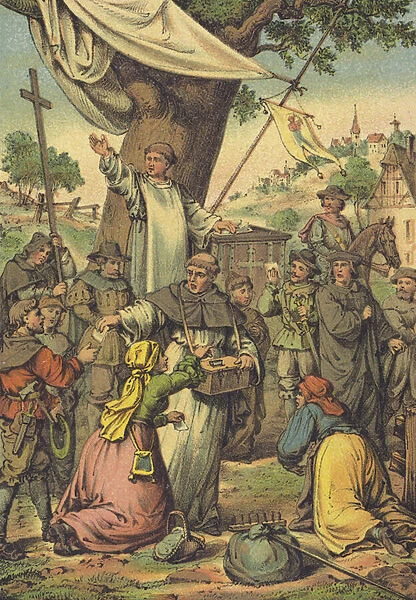 Dominican Friar Johann Tetzel handing out indulgences for money (Luther preached against him) (chromolitho)