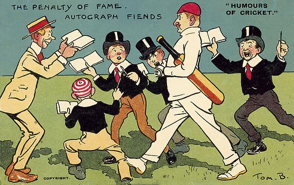 Drawbacks of celebrity: a cricketer pestered by autograph hunters (chromolitho)