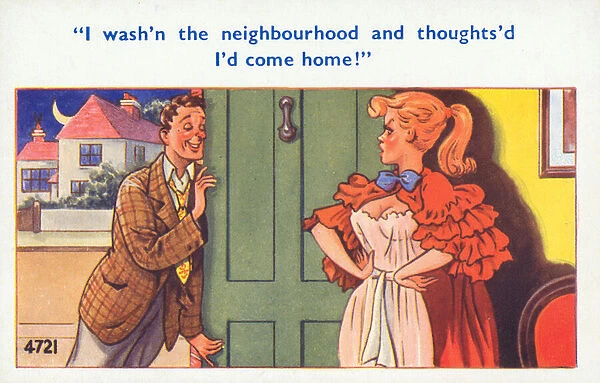 Drunk husband coming home to his wife late at night (colour litho)