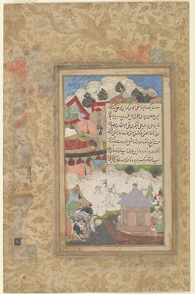 A Drunken Babur Returns to Camp at Night, c. 1589 (opaque watercolor and gold on paper)