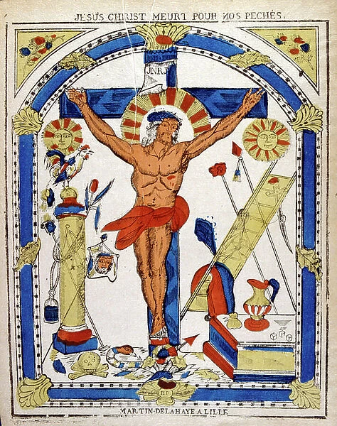Dutch 19th century. illustration. showing the crucified Christ. Woodcut circa 1850