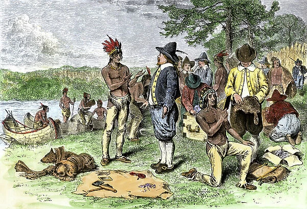 Dutch merchants dealing with American Indians on the island of Manhattan, 17th century. Engraving of the 19th century