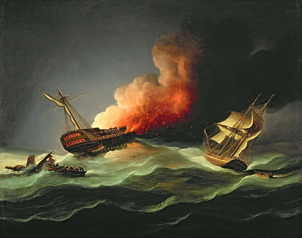 The East Indiaman Kent on Fire in the Bay of Biscay (oil on board)