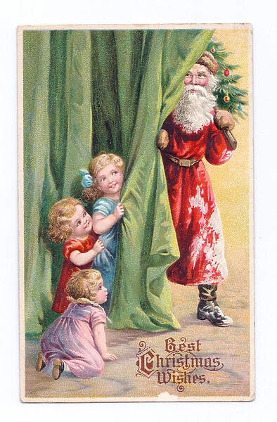 Edwardian Christmas postcard of three children waiting for Father Christmas to enter