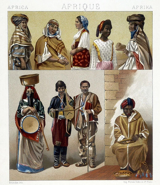 Egyptian costumes. Illustration in 'The historical costume'by Racinet, 1876