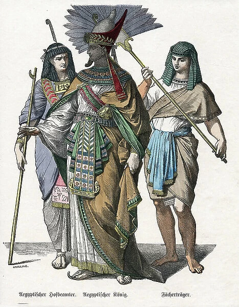 Egyptian king and male attendants. Mid-19th century (German coloured engraving)