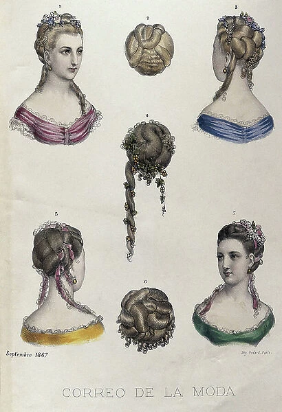El Correo de la Moda. Periodico ilustrado para las mujeres (women's newspaper). Hairstyles for women, 1855. Published in Madrid from 1835-1868. Engraving. SPAIN. MADRID (AUTONOMOUS COMMUNITY). Madrid. National Library