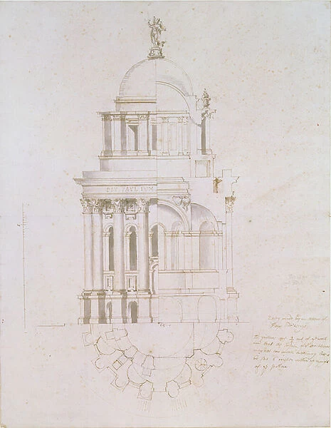 Elevation, cross-section and plan of an unrealised baptistery for St