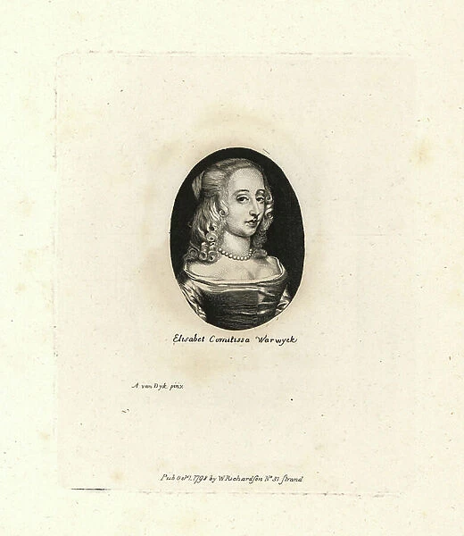 Elizabeth Rich, Countess of Warwick and Holland, died 1661. Copperplate engraving after a portrait by Van Dyck from William Richard's Portraits Illustrating Granger's Biographical History of England, London, 1792-1812