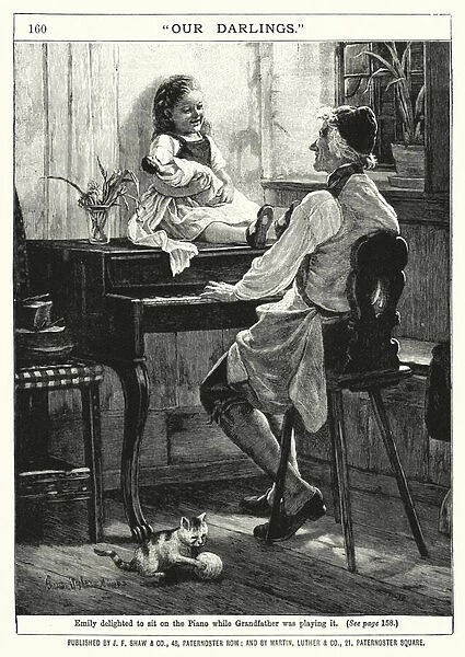 Emily delighted to sit on the Piano while Grandfather was playing it (engraving)