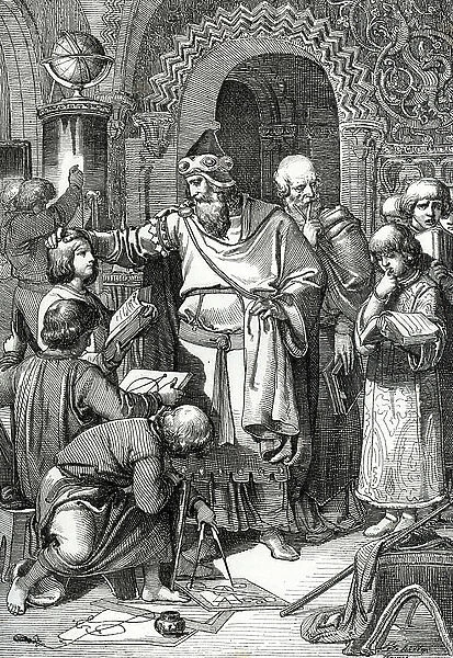 Emperor Charlemagne (742-814) founder of the school meeting of children' (Emperor Charlemagne meets children, his interest in education and learning and patronage of scholars has caused him to be considered the patron of schools)