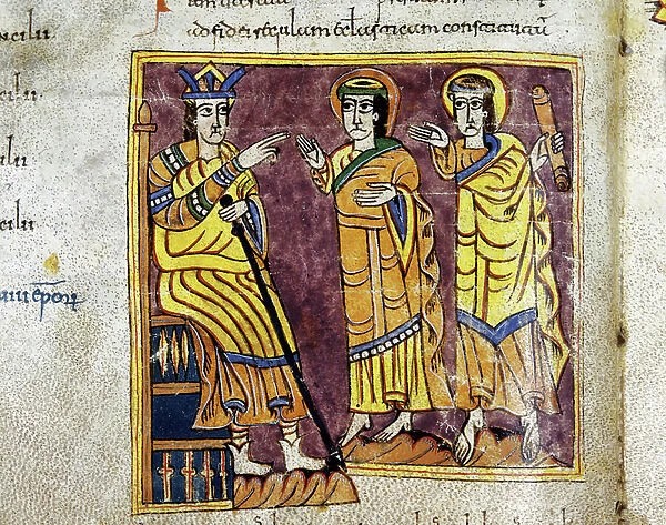 Emperor Constantine (272-337) receives the consuls Paulinus and Julian, in Codex Albeldense, 976 (illuminated miniature)
