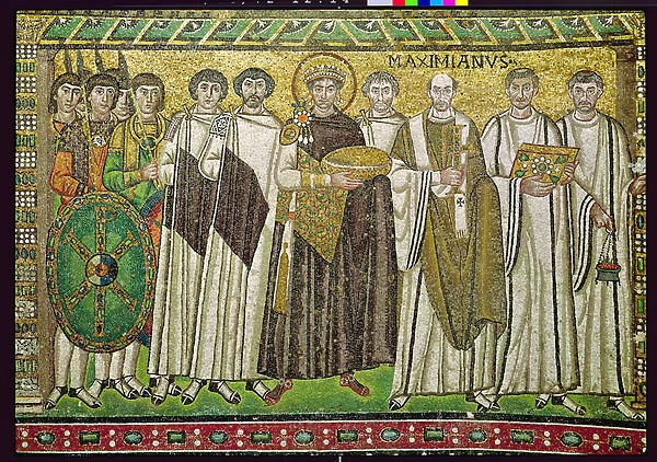 Emperor Justinian I and his retinue of officials, guards and clergy, c. 547 AD (mosaic)