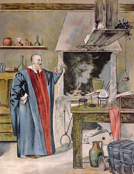 Emperor Rudolph II Habsburg (1552-1612) in his alchemy workshop (colour litho)