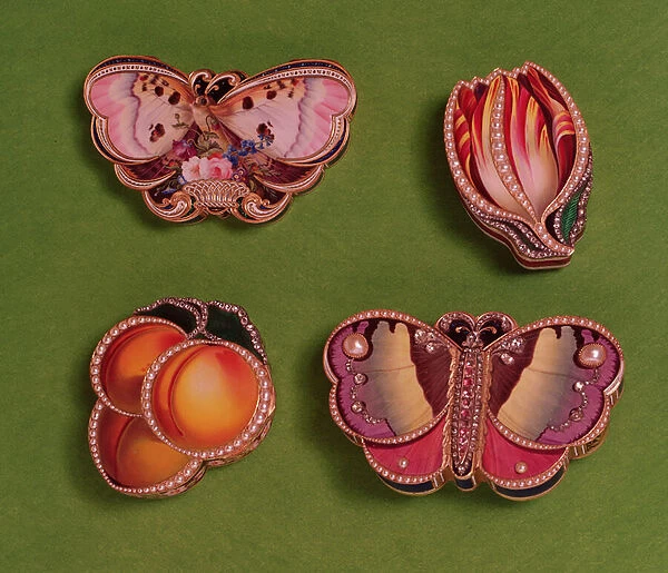Four enamelled and jewelled boxes, butterfly, tulip and peach-shaped