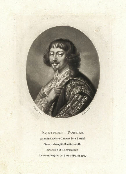 Endymion Porter, Royalist and diplomat, attended Prince Charles into Spain, died 1649. Copperplate mezzotint by Richard Earlom after an original miniature painting by Samuel Cooper from Samuel Woodburn's Portraits of Characters Illustrious in