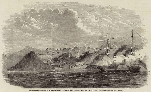 Engagement between HM Steam-Frigate 'Janus'and the Riff Pirates, on the Coast of Morocco (engraving)
