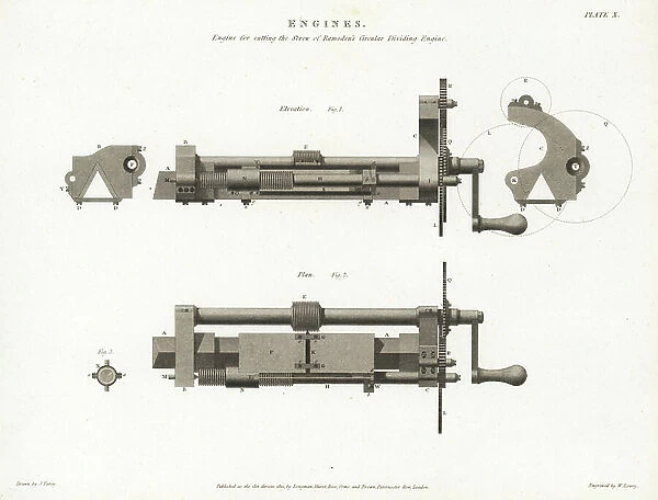 Engine for cutting the Screw of Jesse Ramsden (1735-1800)'s circular dividing engine, 1773. Copperplate engraving by Wilson Lowry after John Farey from Abraham Rees' Cyclopedia or Universal Dictionary of Arts, Sciences and Literature, Longman