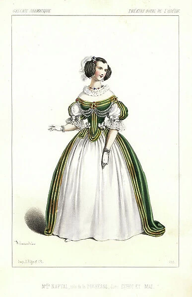 English actress Mademoiselle Naptal Arnauld in Chess et Mat by Octave Feuillet and Paul Bocage, Theatre Royal de l'Odeon, 1846. Handcoloured lithograph after an illustration by Alexandre Lacauchie from Victor Dollet's Galerie Dramatique