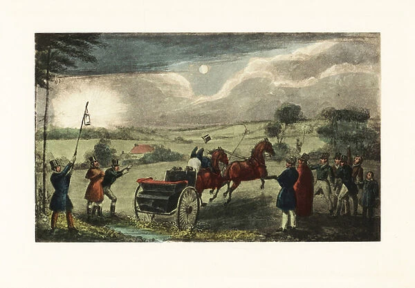 English gentleman driving a tandem across country by moonlight a, 1900 (chromolithograph)