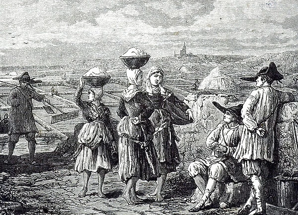 An engraving depicting Breton workers, with salt pans in the background, 19th century
