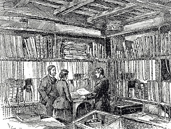 Engraving depicting the chained library at Wimborne Minster, Dorset, 19th century