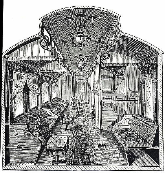 Engraving depicting the interior of a Pullman railway car, 19th century