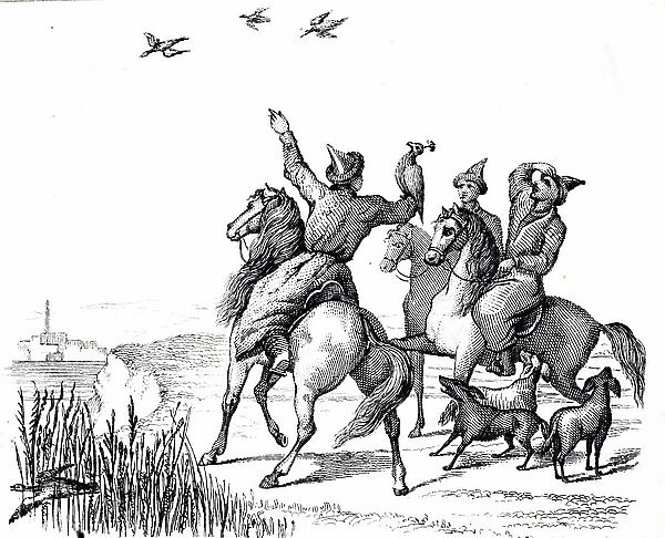 An engraving depicting Kirghiz tribesmen hunting with falcons, 19th century