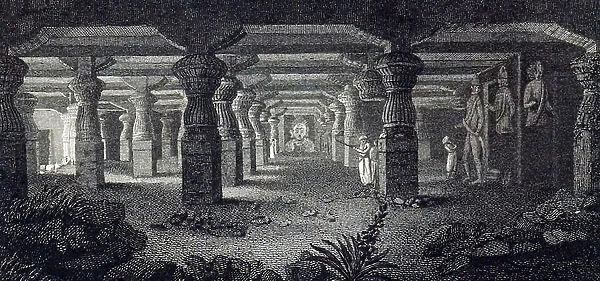 An engraving depicting the Temple of Elephanta, near Bombay, India, 19th century