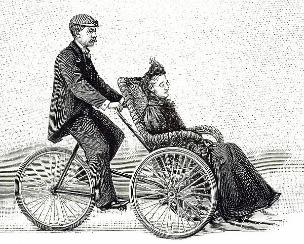 An engraving depicting a tricycle for transporting an invalid. This particular tricycle is from the Kalamazoo Cycle Co, 19th century