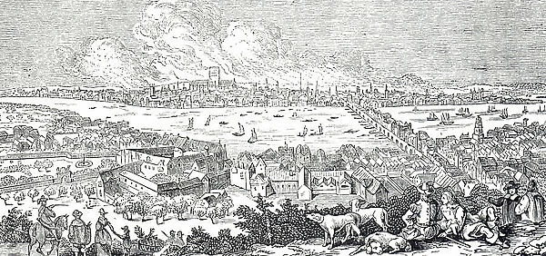Engraving depicting a view of London during the Great Fire of 1666, 17th century