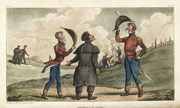 Ensign Johnny Newcome introduced to the Colonel of his regiment before the Battle of Salamanca. Handcoloured copperplate engraving drawn and etched by Thomas Rowlandson from Colonel David Roberts The Military Adventures of Johnny Newcome