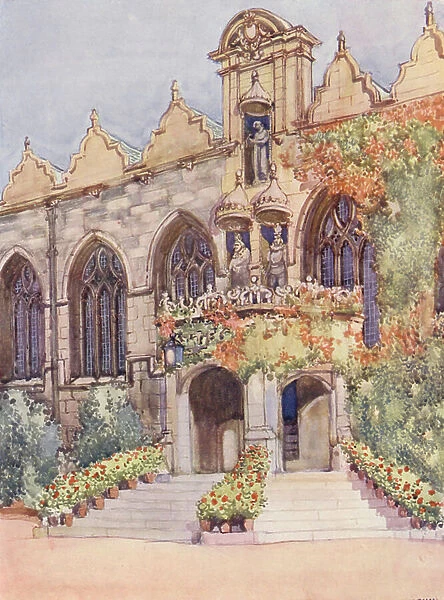 Entrance to Oriel College Hall, showing statues of the Virgin and Child, Edward II, the nominal founder of the college, and Charles I, in whose reign the hall was built (colour litho)