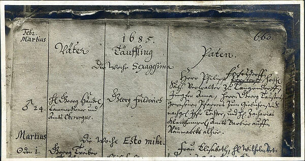 Entry of Handels Baptism from the Church Register of Marktkirche, Halle, Germany