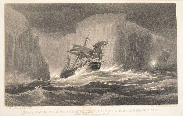 The Erebus passing through the chain of bergs, 13th March, 1842