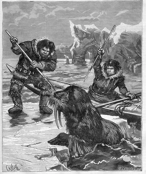 Eskimos - fishing walrus - Eskimos - walrus fishing in 1888 - Engraving in '