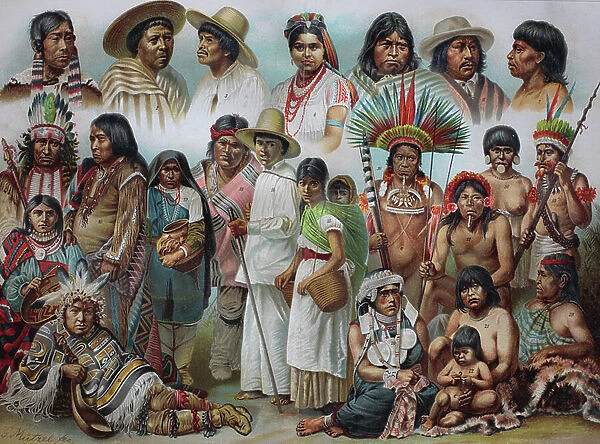Ethnic groups of America: 1 Labrador Inuit woman, 2 Mexican, 3 Highland Mexican, 4 Yucatan Mexican, 5 Indians from Ecuador, 6 Indians from Peru, 7 Ipurina, 8 Sioux, 9 +10. Apaches, 11 Bellacoola, 12 +13. Pueblo Indians, 14 +15